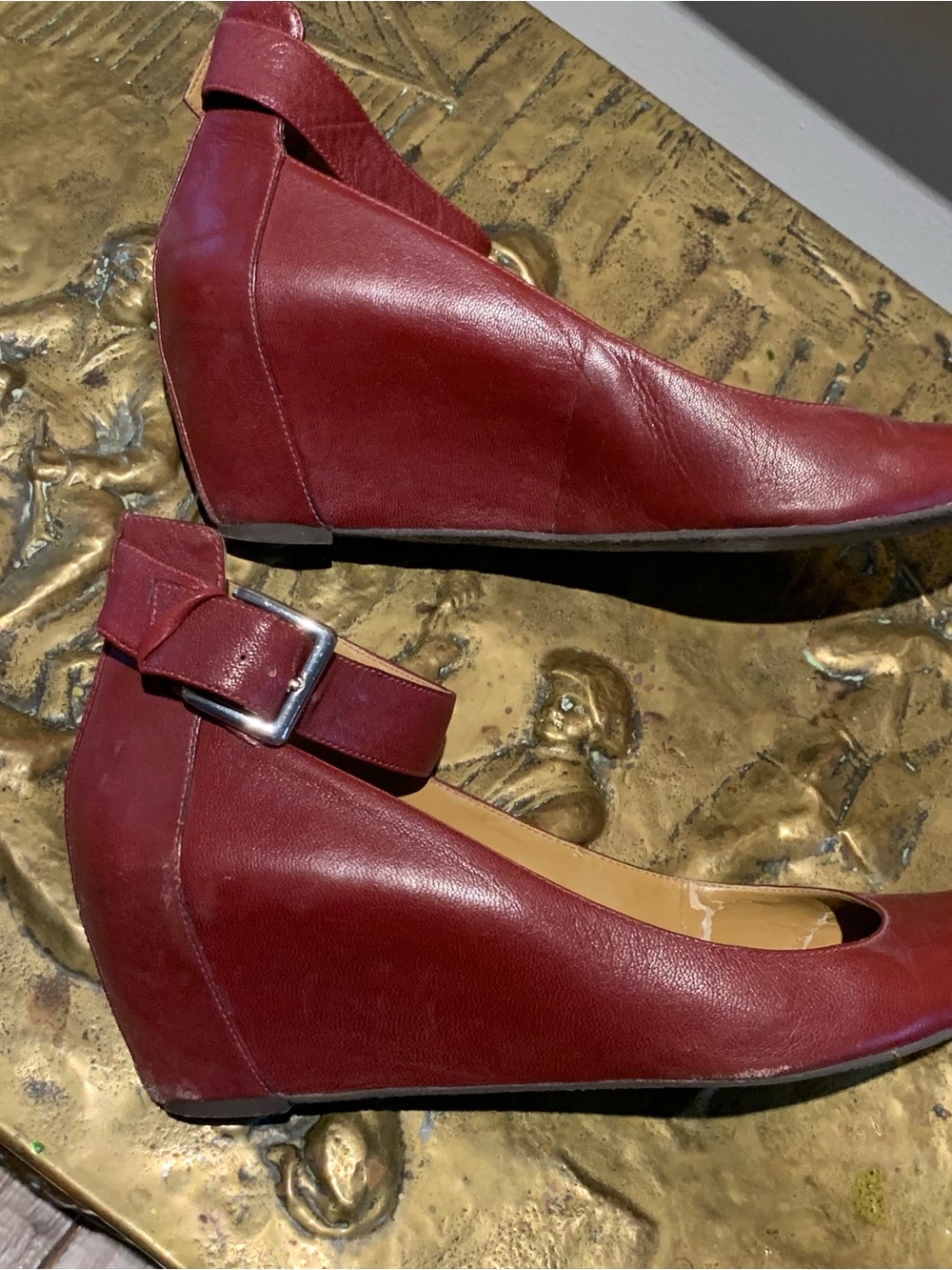 Women's Burgundy Leather Wedge Shoes with Ankle Strap